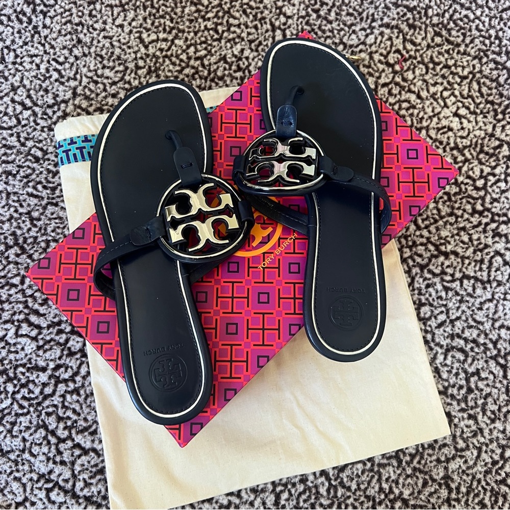 Navy & Silver Tory Burch Calf Leather Sandals